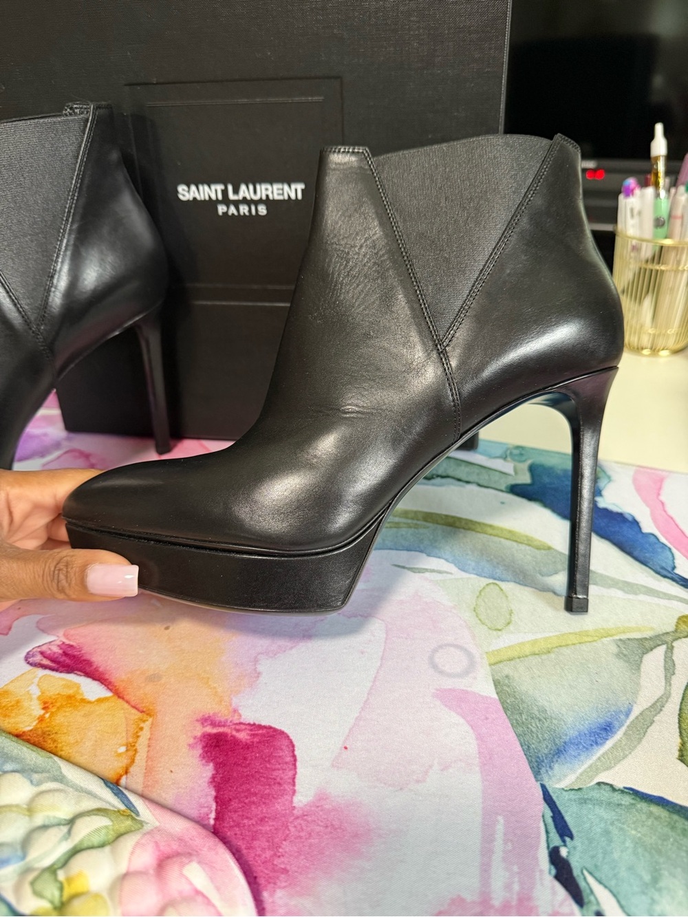 Saint Laurent Classic Ella Black Leather Platform Ankle Boots